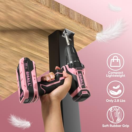 SHALL 247Pcs 20V Cordless Drill Driver & Household Tool Kit for Women, Pink Electric Power Drill Screwdriver and Home Hand Tool Set with 14” Storage Tool Bag for DIY, Home Repair/Maintenance