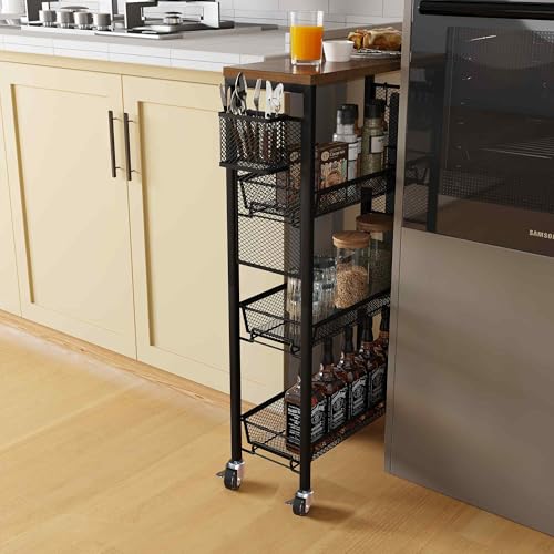 YITAHOME 4-Tier Slim Kitchen Storage Cart, Rolling Spice Rack Next to Fridge, 7.3“ Inch Deep Kitchen Trolley with Wheels, Wood Tabletop & Wire Mesh Baskets, Mobile Narrow Shelf, Black