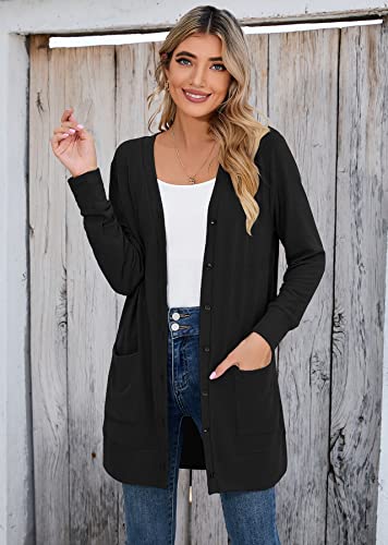 Heymoments Cardigan Sweater for Women Navy Blue Medium Lightweight Open-Front Long Sleeve Causal Button Down Soft Outwear Tops with Pockets