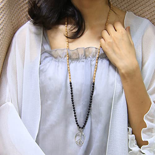 KELITCH Classic Peace Sign Necklace Love Hippie Pendant Frosted Crystal Beaded Necklace (Grey White)