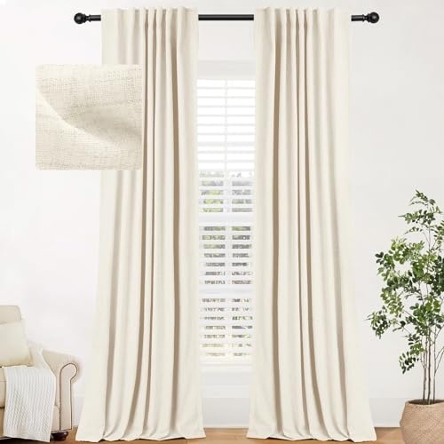 INOVADAY 100% Blackout Curtains for Bedroom 63 Inches Long 2 Panels Set, Back Tab/Rod Pocket Faux Linen Blackout Curtains, Thermal Insulated Darkening Drapes for Living Room, 52''W x 63''L, Grey