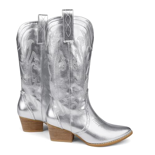 Zzheels Women's Cowboy Boots Embroidered Western Cowgirl Boots Pointed Toe Chunky Heel Mid Calf Cowgirl Boots White US11