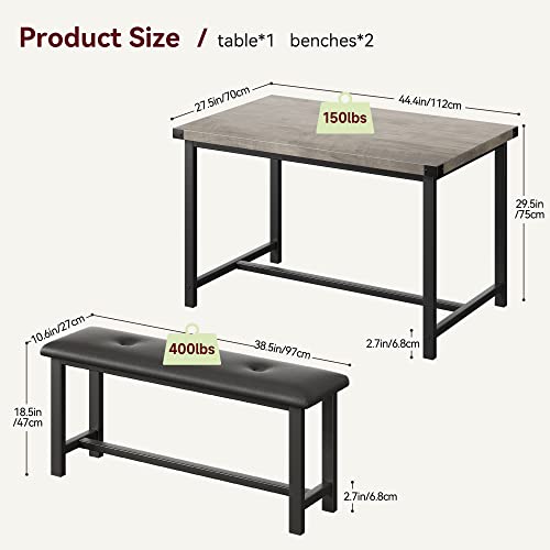 Alkmaar Kitchen Table Set with 2 Benches, Rectangular Dining Table for 4, Upholstered Benches, Farmhouse Style, Retro Gray