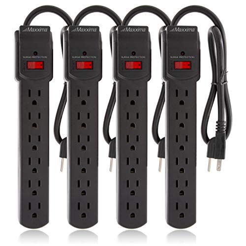 Maxxima 4-Pack 6 Outlet Power Strip Surge Protector - 300 Joules, Features Red On/Off Switch, Powers Multiple Electronics and Devices Simultaneously, Perfect for Home Appliances - Black
