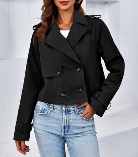 Tankaneo Womens Cropped Trench Coat Lapel Double Breasted Short Jacket Outwear with Pockets