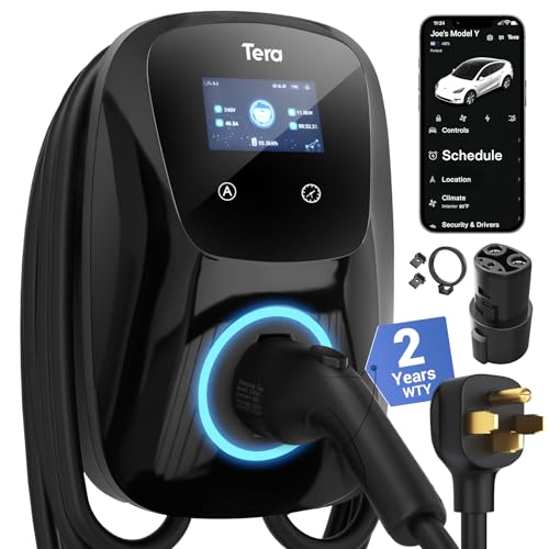 Tera Electric Vehicle Charger for Tesla: Level 2 J1772 2024 Newest ETL Certified 48A with Manual Setting Amps & Schedule on Unit 240V NEMA 14-50 Black