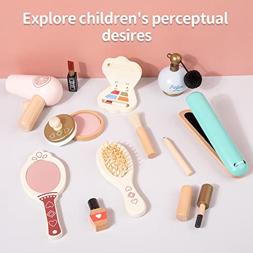 Fake Makeup Wooden Makeup Toy Set Wooden Toddler Makeup Kit Pretend Makeup Kit for Girls Kids Makeup for 3-9 Age 12 PCS Girl Birthday Gift (Makeup Set-1)