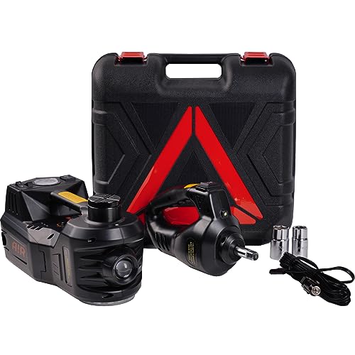 Electric Car Jack Hydraulic Kit 5 Ton 12V with Impact Wrench Power, Built-in Inflator, LED Light, Portable Floor Gata para for Vehicle Truck SUV Automatic Lift Change Tire Repair Black