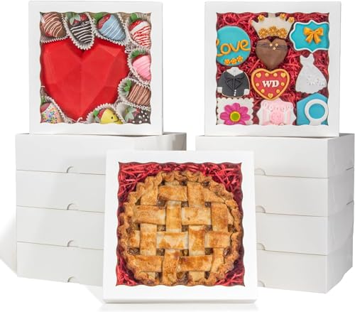 RomanticBaking 14pcs 9x9x2.5 Inches Bakery Boxes with Window Pie Boxes Breakable Heart Boxes Chocolate Covered Strawberries Boxes Cookies Boxes Cakesickle Boxes