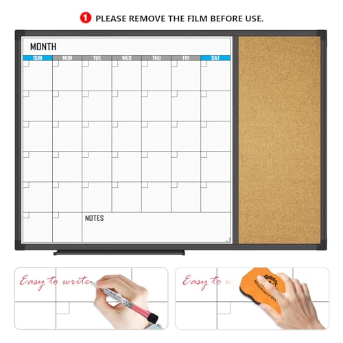 XBoard Dry Erase Calendar Whiteboard 28 X 20 - Combo White Board Calendar Monthly, Magnetic White Board + Corkboard with Black Aluminum Frame