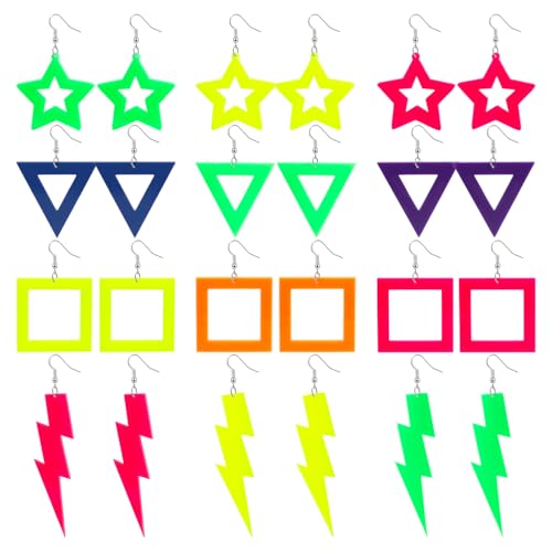 NEWITIN 12 Pairs 80s 90s Neon Earrings for Women Long Lightning Earrings Retro Acrylic Drop Dangle Earrings Star Circular Jewelry Lightning Drop Earrings for 80s 90s Party