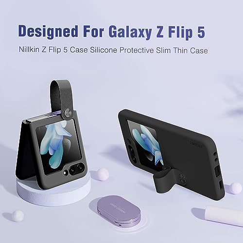 Nillkin Galaxy Z Flip 5 Case with 2 in 1 Wider Strap and Kickstand Shockproof Silicone Slim Cover Samsung Galaxy Z Flip 5 Case for Women and Men, Full Protective Samsung Flip 5 Phone Case 2023-Black