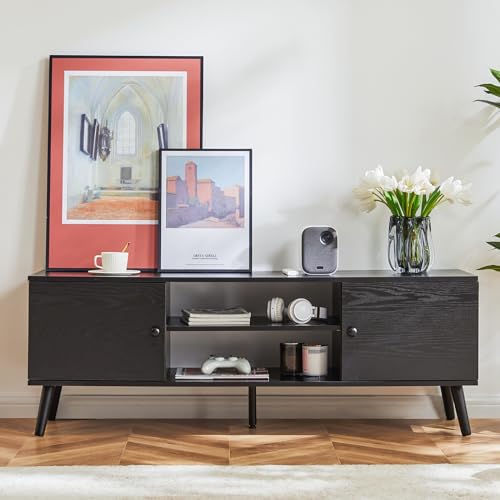 DUMOS TV Stand for 55 60 inch TV, Entertainment Center with Storage Cabinet, Mid Century Modern Media Console Table, Adjustable Hinge, Wooden Television Furniture for Living Room, Brown