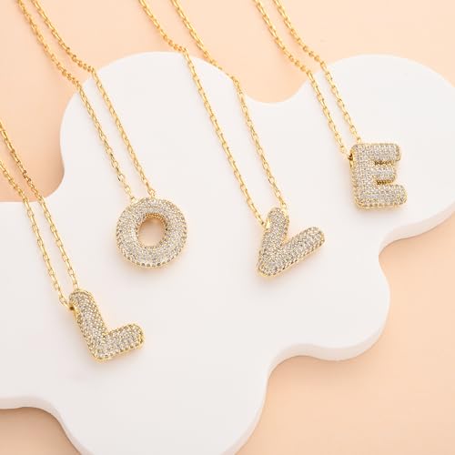 CIELTEAR Bubble Letter Necklace Gold Initial Necklaces for Women Chunky Charm Necklace Pendant U 14K Gold Plated Cubic Zirconia Balloon Letter Necklace Dainty Gold Jewelry for Women Trendy