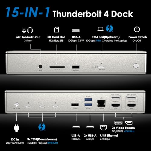 WAVLINK Thunderbolt 4 Dock with 100W Charging, 15-in-1 Thunderbolt 4 Displaylink Docking Station Support Quad 4K@60Hz(DP/HDMI) Monitors,3 Thunderbolt 4 Ports, 2.5G Ethernet, USB C, SD 4.0 Card Reader