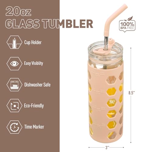 MUKOKO Glass Cups With Lids and Straws -20 Fl Oz- Glass Tumbler with Straw and Lid, Iced Coffee Cups with lids - Bamboo Lid & On the Go Lid, Smoothie Cup Leak Proof Tumbler BPA-Free - Amber