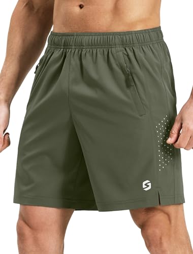 S Spowind Men’s Running Athletic Shorts 7 Inch Quick Dry Lightweight Workout Gym Tennis Shorts 3 Zipper Pockets Army Green