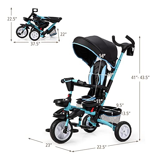 BABY JOY Tricycle, 7 in 1 Folding Toddler Bike w/Removable Push Handle, Rotatable Seat, Adjustable Canopy, Safety Harness, Storage, Cup Holder, Trike for 1-5 Year Old, Tricycle for Toddlers (Blue)