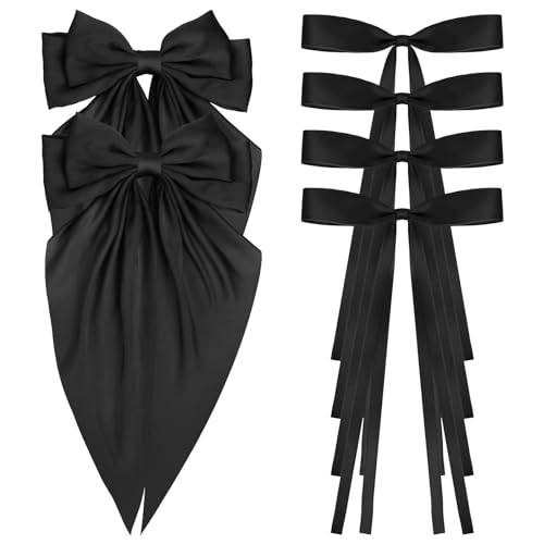 ANBALA Big Hair Bows for Women, 6 PCS Satin Ribbon Hair Bows Set, Tassel Bowknot Hair Clips with Long Tail, Cute Hair Barrettes Bowknot Tassel Claw Hair Clips for Girls (Black)