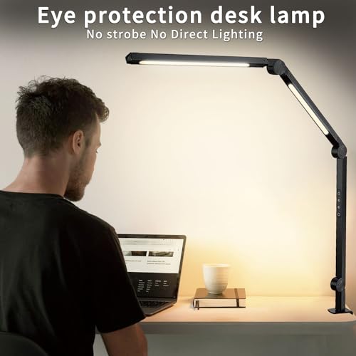 vimeepro LED Desk Lamp with Clamp Flexible 3 Sections Swing Arm 2 Light Sources Desk Light, 4 Color Modes & 5 Brightness, Eye Caring Led Table Light with Memory Function for Table Lamps for Office