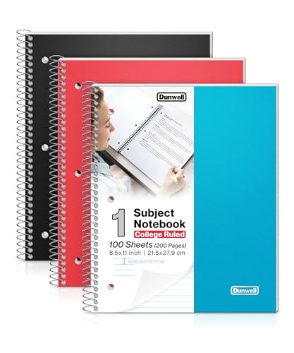 Dunwell College Ruled Spiral Notebook, (3-Pack, Red, Blue, Black) 1 Subject Notebooks 8.5 x 11 With Plastic Covers & Poly Pocket Dividers, 100 Sheets per Book, Perforated Paper, Notebooks One Subject