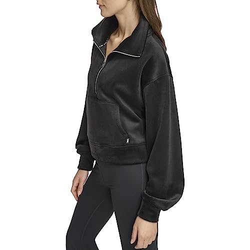 DKNY Women's Performance Long Sleeve Tech Velour Rib Half Zip, Black