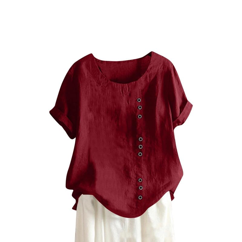 DMOYALA Women's Cotton Linen Shirts Short Sleeve Wine Red Solid Color Crewneck Blouse Button Decor Casual Loose Fit T Shirt Tunic Tops for Summer 2024 2XL