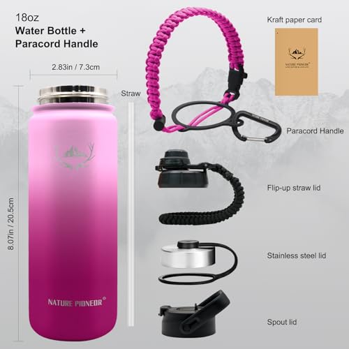 NATURE PIONEOR Insulated Water Bottles with Paracord Handle - 24 oz Vacuum Sports Wide Mouth Water Bottle with 3 Lids, Leak Proof Stainless Steel Keeps Hot and Cold…