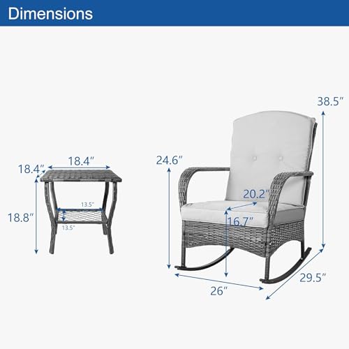CIRMUBUY 3-Piece Patio Furniture Set,Outdoor Rocking Chairs Set of 2, Patio Conversation Set with 2 Wicker Chairs with Rattan Coffee Table and Cushions for Garden,Porch,Backyard, Bistro (Beige)