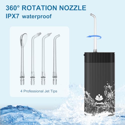 Caredite Water Flosser Cordless,Portable Mini Oral Irrigator Teeth Cleaner, Rechargeable Power Dental Flosser Picks for Travel Home, 4 Tips 3 Modes, IPX7 Wateroproof for Teeth Braces Dental Care,Black