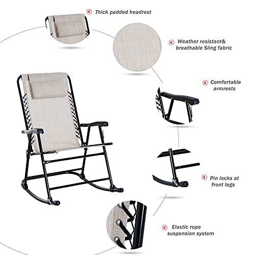 Outsunny 3 Piece Outdoor Rocking Chair Set, Patio Folding Lawn Rocker Set with Glass Coffee Table, Headrests for Yard, Patio, Deck, Backyard, Cream White