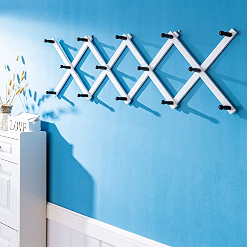 SKOLOO Accordion Wall Hanger, Modern Expandable Coat Rack Wall Mounted, Solid Wooden Wall Hat Rack, 14 Peg, Black on White