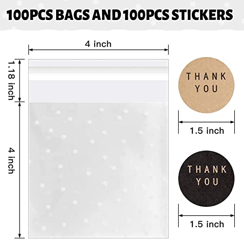 NPLUX 100PACK Self Adhesive Cookie Bags Cellophane Treat Bags Thank You Candy Bags for Gift Giving with Stickers(White Polka Dot,4x4 INCH)