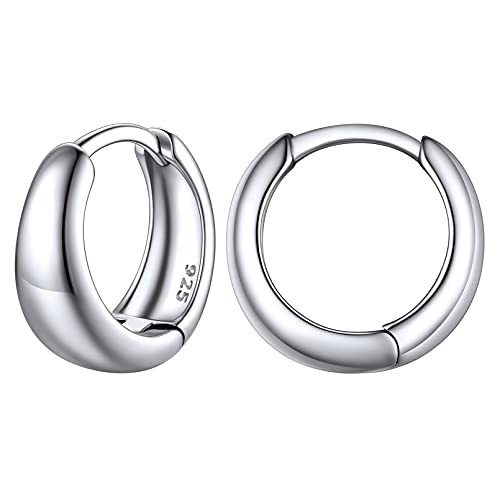 ChicSilver 925 Sterling Silver Small Chunky Hoop Earrings Hypoallergenic Wide Rounded Thick Tube Hoop Earrings White Gold Plated Silver Huggie Hoop Earrings for Women 8MM