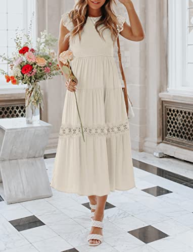 ZESICA Women's 2024 Casual Crew Neck Flutter Sleeve Smocked High Waist Hollow Out Lace Trim Tiered A Line Midi Dress,Sage,Large