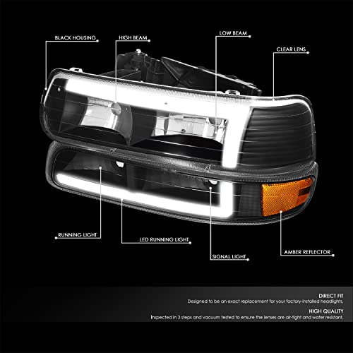 DNA MOTORING 4-HL-SILV99-DRL-BK-AM Pair of 3D LED L Running Lights Headlights & Bumper Lights Compatible with 99-02 Silverado 1500 2500,Black/Amber