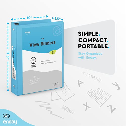 1 Inch 3 Ring Binder 1” Binder Blue Clear View Cover with 2 Inside Pockets, Colored School Supplies Office and Home Binders – by Enday