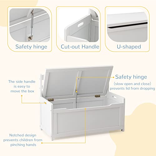 Curipeer Kids Toy Box Chest, Gray Rubber Wood Toy Box for Boys Girls, Large Storage Cabinet with Cushion Seat Bench/Flip-Top Lid/Safety Hinge, Toy Storage Organizer Trunk for Nursery, Playroom