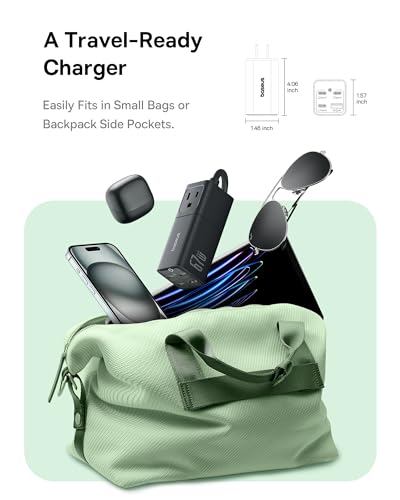 Baseus Charging Station 67W, 5 in 1 Detachable Travel Power Strip USB C Fast Charger, 5ft Flat Extension Cord with 2 AC Outlets, Portable Charger for MacBook Pro, iPhone, Cruise Travel Essentials