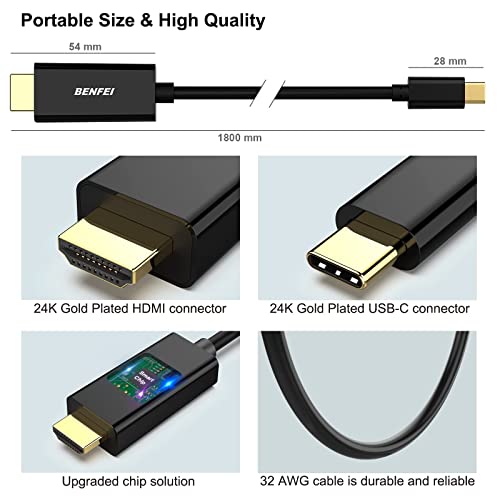 BENFEI USB C to HDMI 3 Feet Cable, USB Type-C to HDMI Cable, Thunderbolt 3/4 Compatible with iPhone 15 Pro/Max, MacBook Pro/Air 2023, iPad Pro, Surface Book 2, Galaxy S23