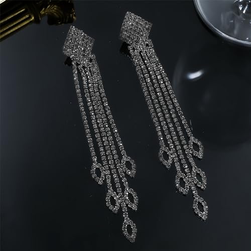 Black Rhinestone Tassel Earrings for Women Bling Sparkly Long Tassel Earrings Prom Earrings Bling Crystal Chandelier Earrings Wedding Party Prom Dress Outfit Jewerly Gifts for Her(H:black)