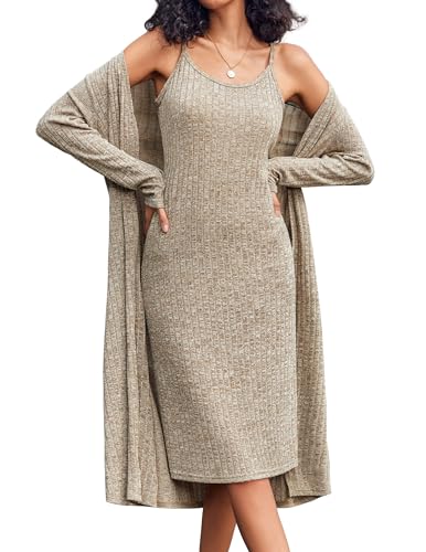 Ekouaer Womens Knit Robe Set 2 Piece Nightgown with Robes Long Sleeves Lounge Sets with Pockets Mocha Brown 3X-Large