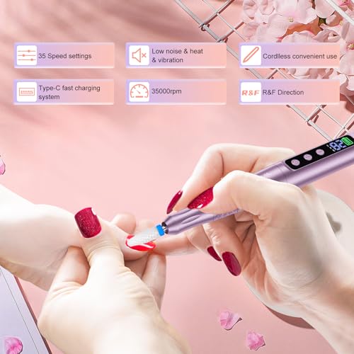 Welan Electric Nail Drill Professional, Cordless Nail Drill, 35000RPM Professional Nail Drill, Portable Efile Nail Drill Machine for Acrylic and Gel Nail with Manicure and Polishing Tool Set (Grey)