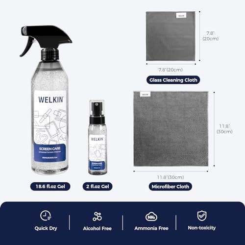 WELKIN Screen Cleaner Spray Kit（250ml + 60ml）- Cleaning Gel for TV, Laptop, Computer, Phone Touchscreen -2 Sprayers，1 Microfiber Cloth & 1 Glass Wipe