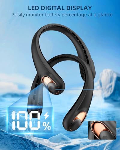 JIAGE Neck Fan, Portable Neck Fan Rechargeable, 5200mAh Battery Operated, LED Display, 360-Degree Cooling, 3 Speeds, Quite, Bladeless Design Neck Fans, Personal Neck Cooler, Black