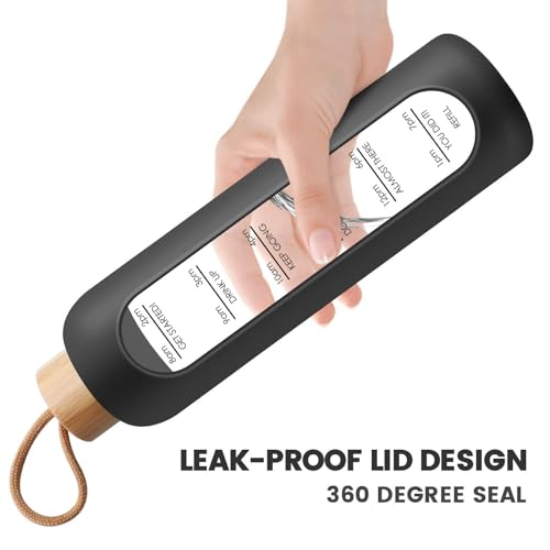 PROBTTL 25 oz Glass Water Bottles - Time Marker Motivational Borosilicate Glass Water Bottle With Silicone Sleeve and Bamboo Lid, Leak Proof, Reusable, BPA Free (Black)