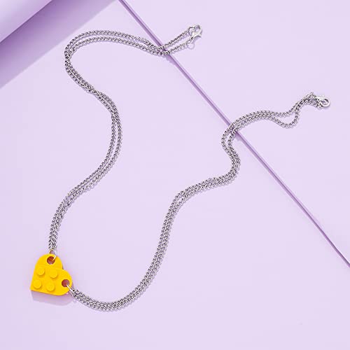Bricks Assembled Pendant Necklace Heart Shape Matching Geometric Block Charms Valentines Day Friendship Creative Jewelry Gift for Couple Lover Best Friends (Orange)
