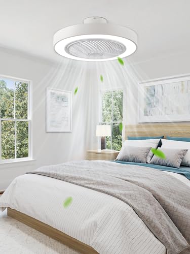 LEDIARY 20 Inch Low Profile Ceiling Fan With Light, Led Bladeless Ceiling Fan, Remote Control Enclosed Flush Mount Ceiling Fan With Timming, 3000-6000K, 6 Wind Speed, 3000LM, 57W-White