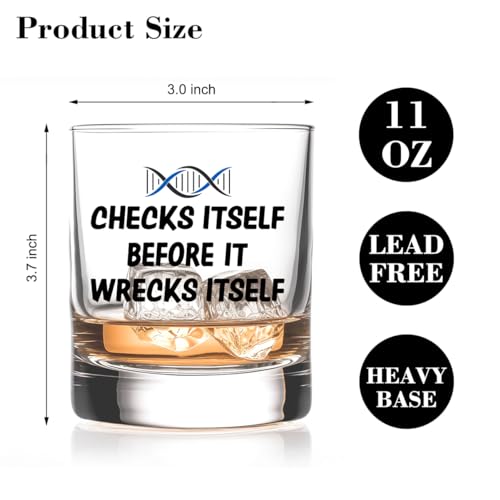 RZHV Checks Itself Before It Wrecks Itself Old Fashioned Whiskey Glass, Funny Father's Day Birthday Gift for Men Husband Dad Uncle Coworkers DNA Biology Genetics Teacher Science Geek Geneticist