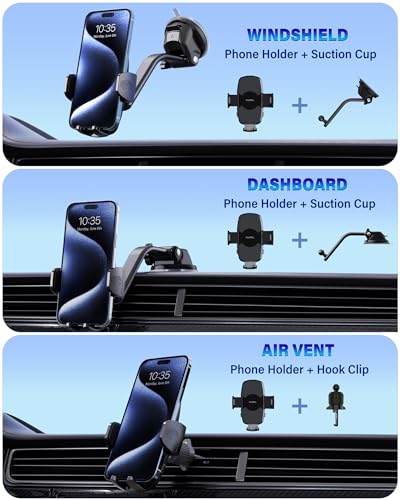 Car Phone Holder [Big Phone Friendly] Phone Holder for Car Universal for Air Vent Dashboard Windshield Phone Mount for Car 3 in 1, Hand Free Mount for iPhone 15 14 Pro Max Samsung All Cell Phones